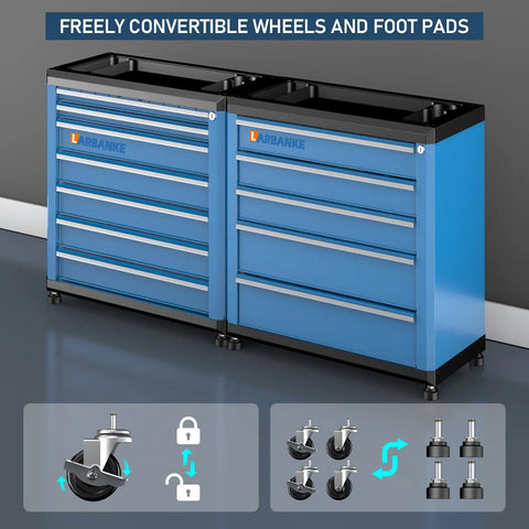 Heavy Duty Rolling Tool Chest With Seven Deep And Shallow Drawers Lockable Mobile Tool Cabinet On Swivel Wheels For Garage Organization showing convertible wheels and foot pads.