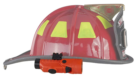 Firefighter LED Helmet Light With 180 Degree Articulating Head And Dual Beam Output, Right Angle Beam, Orange on helmet