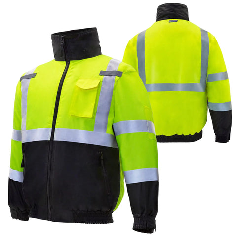 Hi Vis Reflective Bomber Jacket For Men With Two Inch Reflective Strips, ANSI Class 3 Type R Waterproof And Wind Resistant Safety Gear