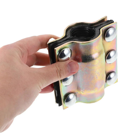 Universal Pipe Clamp Leak Repair Kit For Water Lines held by hand, showcasing metal construction and DN20 by 110 size.