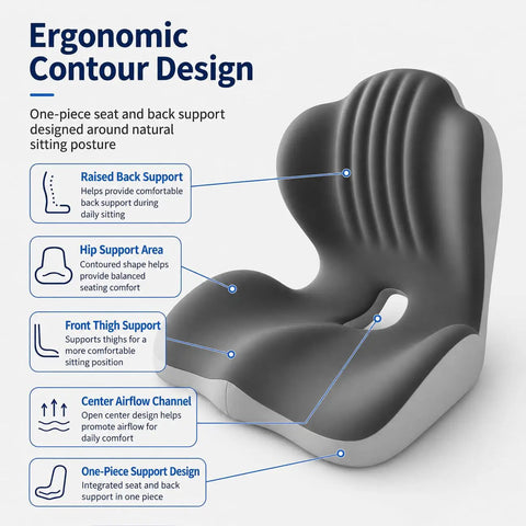Ergonomic contour design of Road Ready Memory Foam Seat Cushion for Tesla Cybertruck and Pickup Trucks with lumbar support.