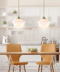Brass Gold White Modern Dope Schoolhouse LED Pendant Light Fixture with 9.5 Inch Drop Adjustable Hanging Lamp White Glass Shade in Kitchen