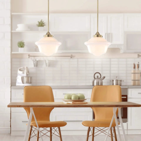 Brass Gold White Modern Dope Schoolhouse LED Pendant Light Fixture with 9.5 Inch Drop Adjustable Hanging Lamp White Glass Shade in Kitchen