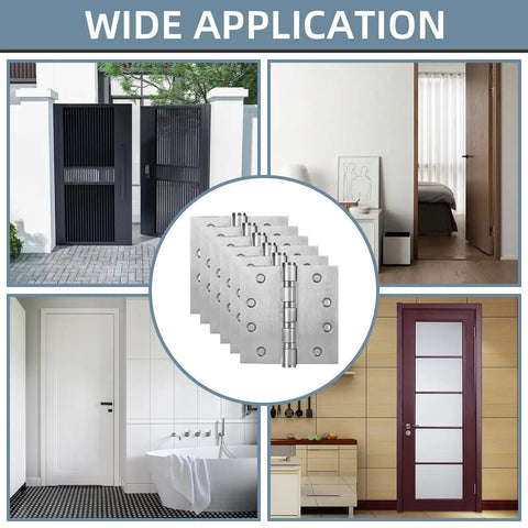 Six Pack Stainless Steel 4 Inch Door Hinges Set With Ball Bearing, Heavy Duty Square Corner Hinge For Exterior And Interior Doors, Satin Nickel Finish, Includes 48 Matching Screws on assorted doors