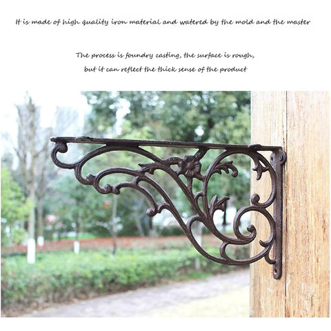 Premium Heavy Duty Cast Iron Wall Mount Shelf Brackets For Floating Shelves Rustic Industrial Triangle Corner Supports With Screws Built Like A Tank Two Pack floral design installed on wooden post