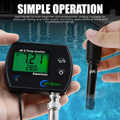 Heavy Duty PH And Temperature Water Quality Tester Meter With Automatic Temperature Compensation and Illuminated Screen for monitoring water quality.