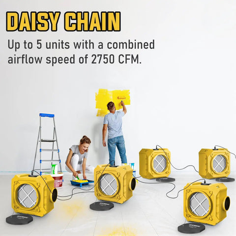 Five yellow Stackable Negative Air Machines with 3 Stage Filtration MERV 10 Pre Filter activated carbon HEPA in a room.