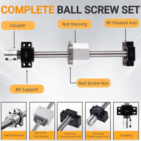 Ball Screw Assembly 400mm Long 12mm Diameter with End Machining and Nut, BK10 BF10 End Supports, Coupler, and Nut Housing diagram