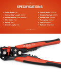 Self-Adjusting Wire Stripper And Cutter For Electricians, 8 Inch Pro Grade Tool With Ergonomic Dual Material Grip displayed with specs