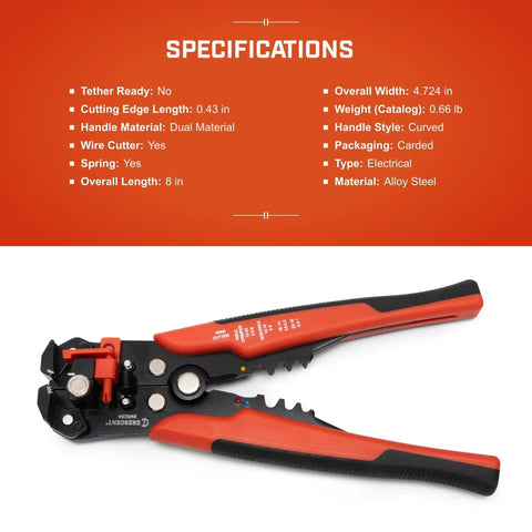 Self-Adjusting Wire Stripper And Cutter For Electricians, 8 Inch Pro Grade Tool With Ergonomic Dual Material Grip displayed with specs