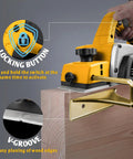 Knock Out Woodwork Projects With This Portable Cordless Handheld Planer showcasing locking button and V-groove for easy wood finishing.