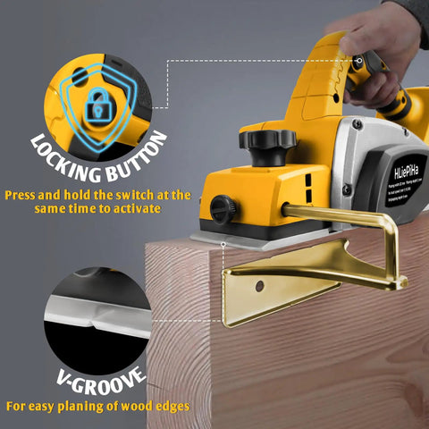 Knock Out Woodwork Projects With This Portable Cordless Handheld Planer showcasing locking button and V-groove for easy wood finishing.