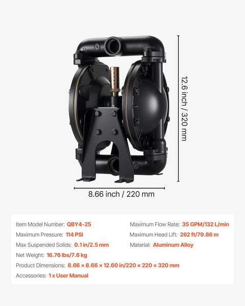 VEVOR air-operated double diaphragm pump with 1 inch inlet/outlet, 35 GPM, aluminum alloy body for oil transfer