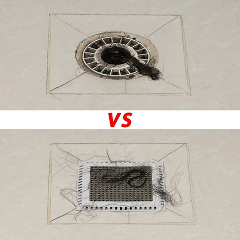 Comparison of shower drains: clogged drain vs. Top Shelf Stainless Steel Shower Drain Hair Catcher that stops bathroom clogs cold.