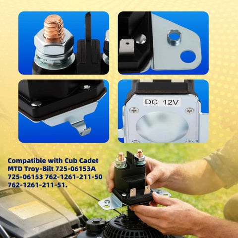 Starter solenoid relay for riding mower, 12V DC, copper terminals, compatible with Cub Cadet and MTD riding mowers
