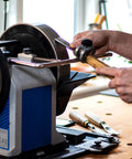 Short Tool Jig for Sharpening Short Wood Chisels Carving Gouges and Power Carver Bits on grindstone in use