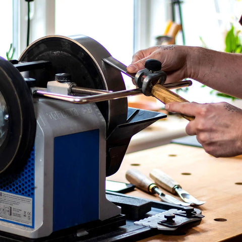 Short Tool Jig for Sharpening Short Wood Chisels Carving Gouges and Power Carver Bits on grindstone in use