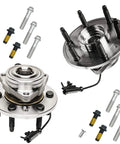 Beefed Up Front Wheel Bearing Hubs Kit For 4WD Chevy GMC Silverado Sierra Yukon Suburban Tahoe Avalanche Cadillac Escalade ESV EXT 6 Studs Models With Two Bearings And Hubs Mounting Replacement, featuring two hubs with mounting bolts visible.