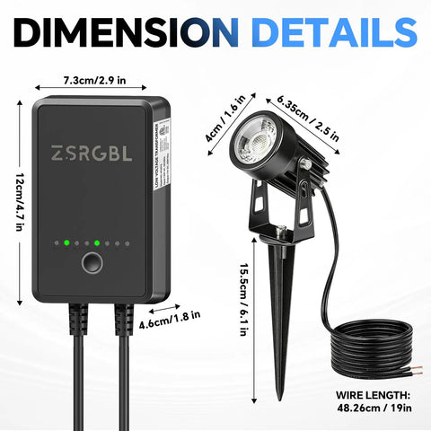 Dimensions of All In One Low Voltage LED Landscape Lighting Kit with spotlight and transformer.