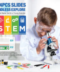Child using Hands On Kids Microscope Kit With 100X To 1200X Magnification Metal Body LED Light Carrying Case 58 Piece STEM Science Toy