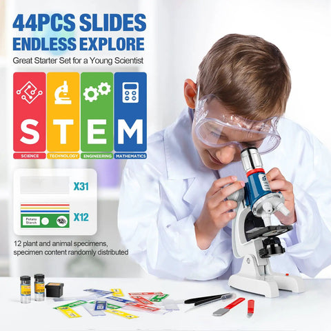 Child using Hands On Kids Microscope Kit With 100X To 1200X Magnification Metal Body LED Light Carrying Case 58 Piece STEM Science Toy