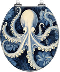 Toilet Seat Round Resin for Bathroom featuring an octopus design in blue and white, flower background, artistic style.