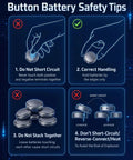 Button battery safety tips infographic with handling instructions and precautions for safe use of Family Approved CR2025 3V Lithium Coin Batteries 5 Pack.