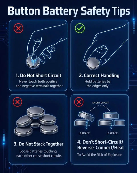 Button battery safety tips infographic with handling instructions and precautions for safe use of Family Approved CR2025 3V Lithium Coin Batteries 5 Pack.