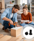 Couple assembling furniture using M6 Tube Nut Bolt Kit 8 Sets, Heavy Duty Steel Furniture Connectors, black finish shown inset.