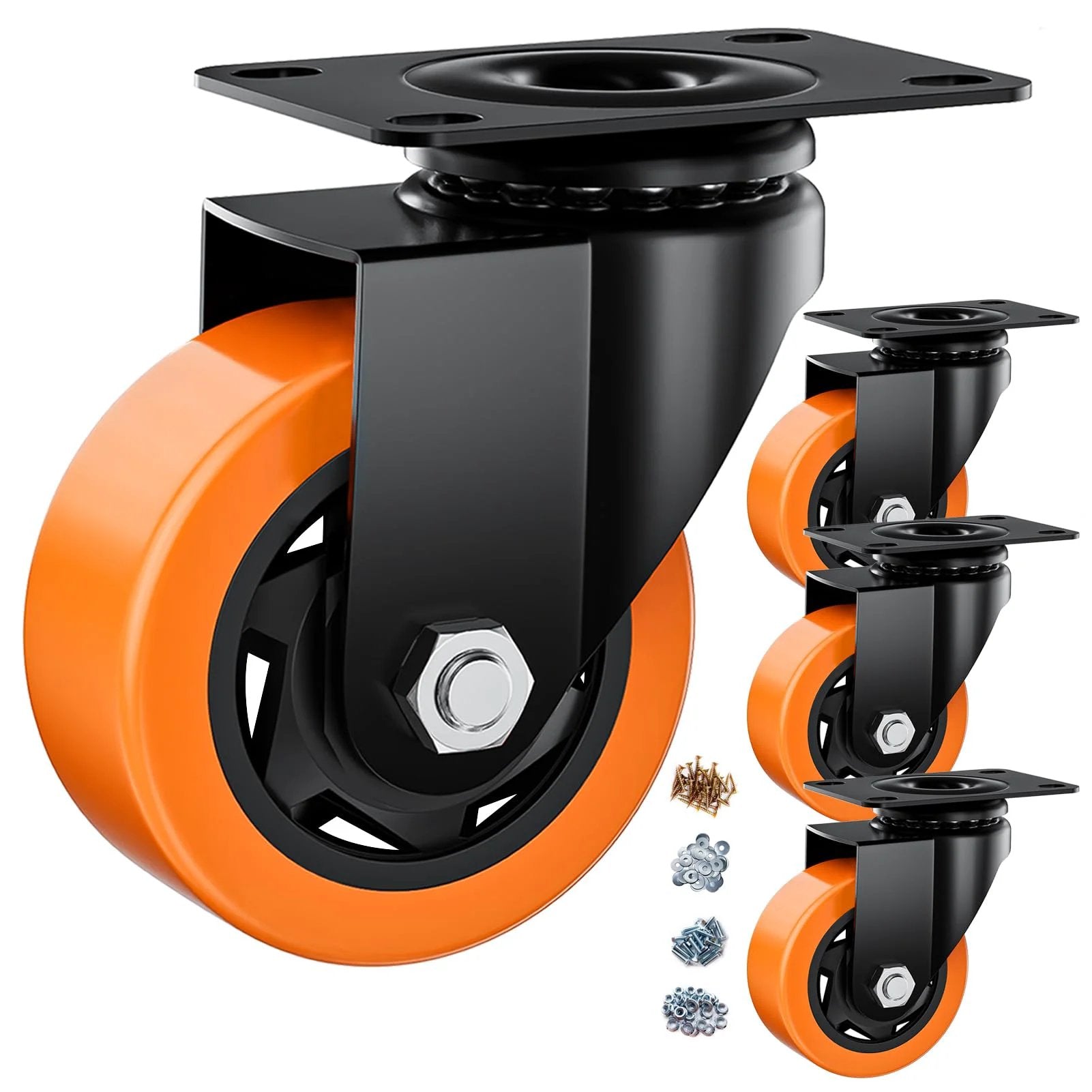 Heavy Duty Caster Wheels Set 4-Pack Orange PU 3in