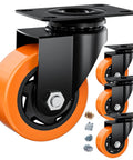 Four 3 Inch Heavy Duty Caster Wheels Set Of 4 In Orange Polyurethane For Industrial Use showing swivel top plate and mounting hardware