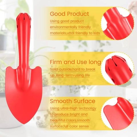 50 Piece Mini Colorful Metal Hand Shovels Set For Gardening Tiny Trowels Dope Digging Planting Transplanting And Soil Work Five Color Assortment Red Yellow Pink Blue Green For Women Men Kids - Red shovel with features highlighted