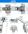 Top Shelf Soft Close Cabinet Hinges Include 165 And 135 Degree Options, showing size details and adjustments, 35mm cup depth.