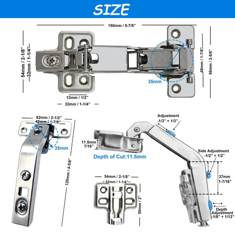 Top Shelf Soft Close Cabinet Hinges Include 165 And 135 Degree Options, showing size details and adjustments, 35mm cup depth.