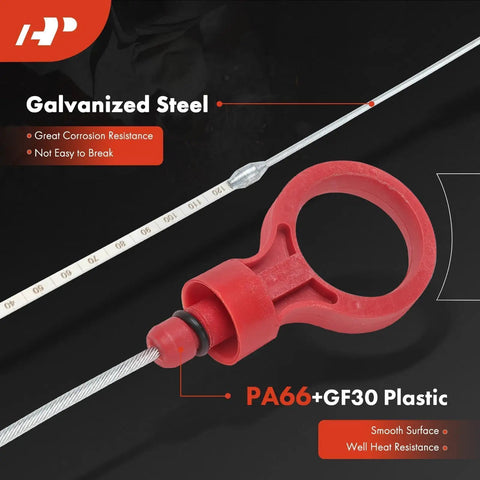 52.83 Inch Transmission Dipstick For Quick Fluid Level Check DIY Friendly Remove After Checking And Do Not Leave In Tube Fits Jeep Dodge Chrysler Grand Cherokee Wrangler Durango Ram 1500 Charger Compass Journey And More with close-up on red handle and galvanized steel markings.