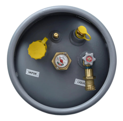 Top view of Steel Forklift Propane Tank 43.5Lb With Gauge DOT And TC Compliant Heavy Duty Build Larger Capacity Than Standard Tanks