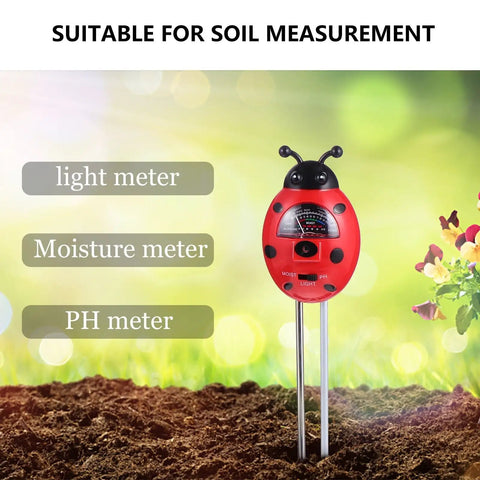 3 In 1 Ladybug Soil Tester Kit for Garden and Lawn, featuring pH, moisture, and nutrient meters with red housing.