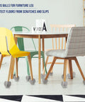 40 Pieces Precut Tennis Ball Chair Feet For Furniture Legs Floor Protection Covers For Chairs Desks And Tables Gray Nonmarking Easy Slip On Foot Protectors For Home Office Classroom, shown on colorful chairs around a table.