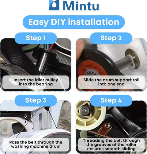 Complete Dryer Repair Kit Featuring Four Drum Support Rollers An Idler Pulley Assembly And Durable Belt To Quiet The Racket And Restore Buttery Smooth Operation For Your Laundry Gear installation steps shown.