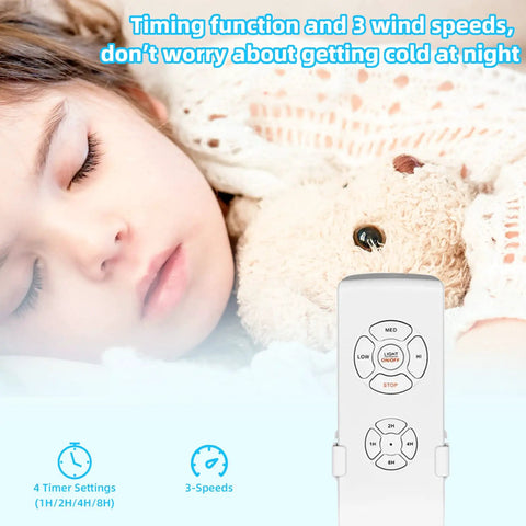 Child sleeping next to teddy bear with remote control showing features for 53 Inch Ceiling Fan With Lights And Remote For Bedroom And Living Room