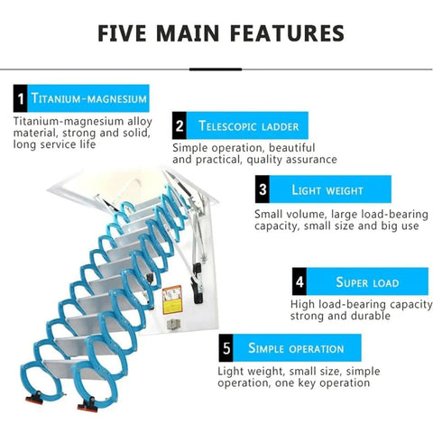 Electric Attic Stair Pull Down Ceiling Ladder Titanium Magnesium Alloy Folding Loft Step Telescopic Extension Access With smooth operation features.