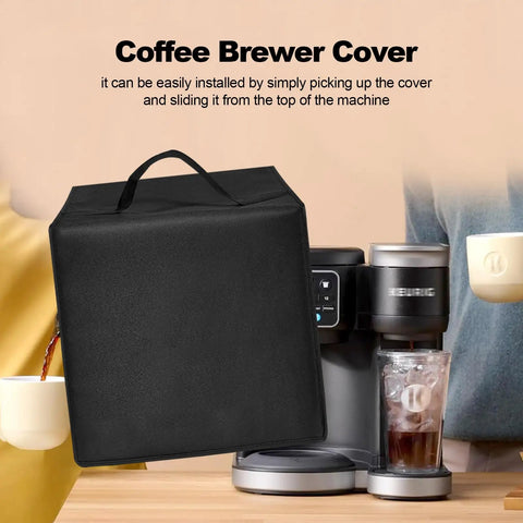 Nylon Coffee Maker Dust Cover For K-Duo Gen2 And K-Cup Gen1 Brews in black, covering a coffee machine with handle on top.