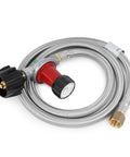 Propane regulator with 48-inch stainless braided hose; red body, 3/8 in flare swivel fitting, Type 1 connection.