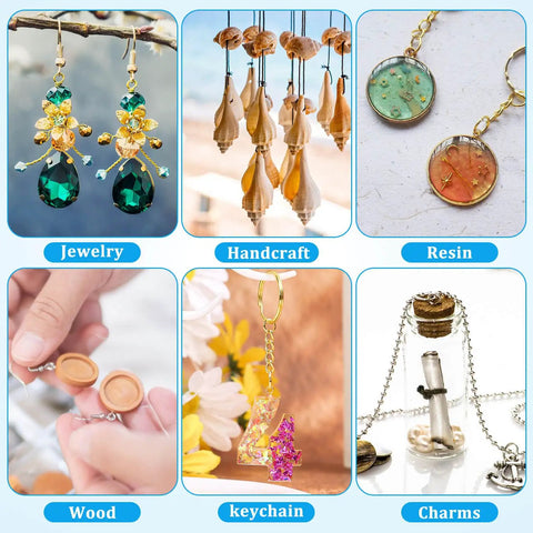 Collage of pin vise hand drill set applications: jewelry making, resin charms, wood crafts, keychains, showcasing tool versatility.