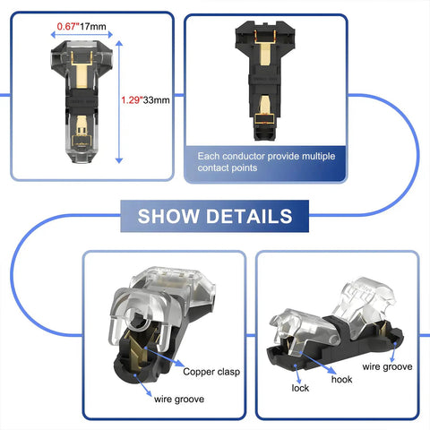T Tap Wire Splice Connectors For 16 To 20 AWG No Stripping Quick Solderless Splitter 3 Way 1 Pin Low Voltage Connectors Insulation Diameter Up To 3.0mm 10 Pack, showing details and dimensions.