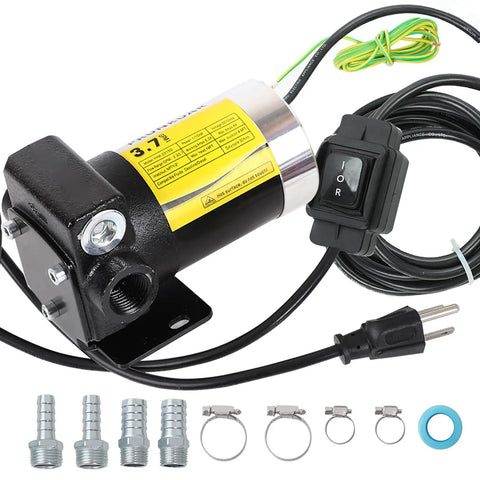 Portable 110V Fuel Transfer Pump With Forward And Reverse Pumping Self Priming 2.3 To 3.7 GPM showing pump, hoses, and fittings