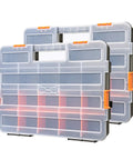 Double Side Tool Organizer With Heavy Duty Polymer And Customizable Removable Dividers For Hardware Storage Keeps Screws Nuts And Small Parts Neat Black And Orange 2 Piece Set with transparent lids and orange closures.