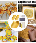 Metal Sheet Embossing Kit For Tin Foil Art And Embellished Designs in use with gold foil, dotting tools, and completed decorations.