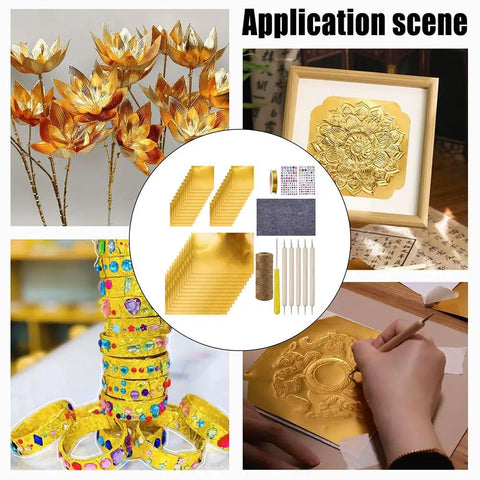 Metal Sheet Embossing Kit For Tin Foil Art And Embellished Designs in use with gold foil, dotting tools, and completed decorations.