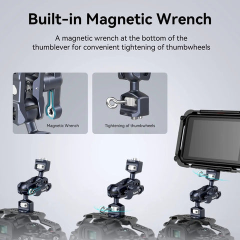 Image showing the Dual Ball Head Articulating Magic Arm with retractable pins, magnetic wrench, and mounted camera, 360 degree rotation.